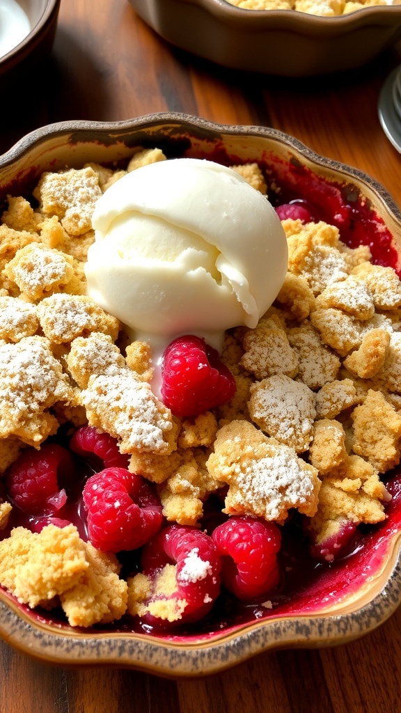 Raspberry Crumble Recipe A delicious raspberry crumble with a golden topping and fresh raspberries, served with vanilla ice cream.